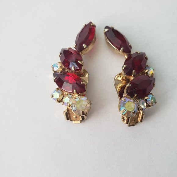 Vintage Red Swarovski Crystal Ear Hugging Clip On Earrings - Picture 3 of 6
